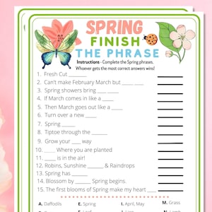 Frühling Finish The Phrase Printable Spiel | Lustige Wortaktivität für Kinder | Kirche, Büro, Klassenzimmer, Büro, Senioren Event Idee | Wort Quiz