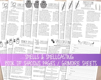 Pode incluir: Uma coleção de páginas de feitiçaria imprimíveis para um livro de sombras ou um grimório. As páginas apresentam várias categorias de feitiços, incluindo amor, sorte, dinheiro e proteção. As páginas são decoradas com ilustrações e texto desenhados à mão.