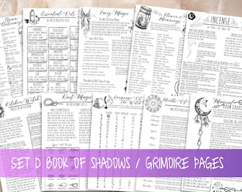 Printable Basic Witchcraft Grimoire Pages, Book of Shadows Pages, Essential Oils, Incense, Fairy Magic, Knot Magic, Kitchen Magic Set D