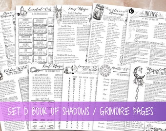 Printable Basic Witchcraft Grimoire Pages, Book of Shadows Pages, Essential Oils, Incense, Fairy Magic, Knot Magic, Kitchen Magic Set D