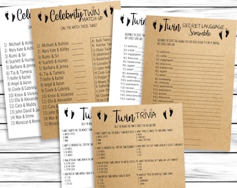 Twins Baby Shower Games Bundle, Baby Shower Twin Trivia, Twin Quiz, Twins Baby Shower Word Scramble, Celebrity, Rustic, Instant Download