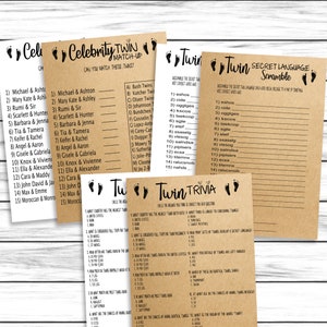 Paquete de juegos para baby shower de gemelos, trivia para baby shower de gemelos, cuestionario para gemelos, sopa de letras para baby shower de gemelos, tema de famosos, rústico, descarga instantánea