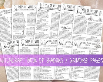May include: A collection of printable pages for a witchcraft book of shadows or grimoire. The pages feature black and white illustrations of witches, spells, and other magical symbols. The text on the pages includes information about different types of witches, their history, and their practices.
