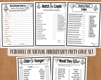 Puede incluir: Un juego de fiesta de aniversario imprimible o virtual con cinco juegos diferentes: Emoji Pictionary, Match the Couple, Name That Cake, Older or Younger y Would They Rather. Los juegos son en blanco y negro con un tema divertido y festivo.