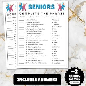 以下が含まれることがあります： 青色の「SENIORS COMPLETE THE PHRASE」というタイトルの2つの白いゲームシート。シートには、穴埋めフレーズと回答の選択肢が含まれています。画像の下部には「INCLUDES ANSWERS」と「+2 BONUS GAMES」というテキストが含まれています。
