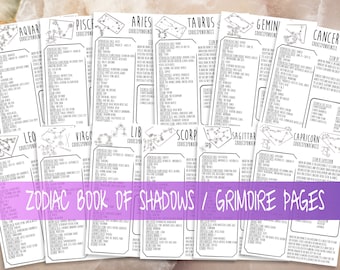 Zodiac Sign Correspondences Book Of Shadows Pages, Reference Guide, Basic Witchcraft Grimoire Printable Pages, Witchcraft Supplies