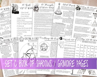 Witchcraft Basic Printable Grimoire Pages, Book of Shadows Pages, Casting Circles, Calling Elements, Astral Projection, Magic Set C