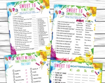 Sweet 16 Birthday Party Games, Tie Dye Birthday Games,Sweet Sixteen Party Ideas,Sweet 16 Trivia Games, Birthday Activities,Instant Download