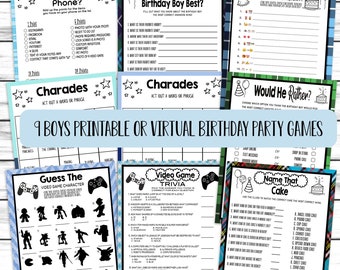May include: Nine printable or virtual birthday party games for boys. The games include "What's on your phone?", "Who knows the birthday boy best?", "Birthday emoji pictionary", "Would he rather?", "Charades", "Guess the video game character", "Video game trivia", "Name that cake" and "The channel".