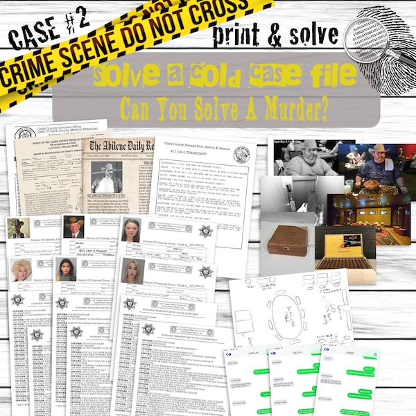 Murder Mystery Cold Case File imprimible o juego virtual, resolver un misterio de asesinato, Buck Whitley Casino Case File 2, juego de detectives