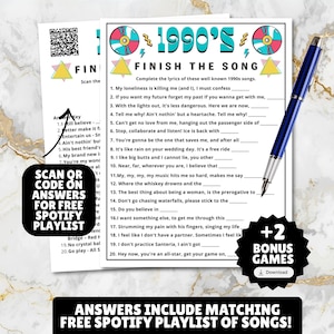 printable 1990s themed finish the song, find a guest who music icebreaker game, and 1990s emoji pictionary printable games with answers and Spotify playlist great for birthdays, seniors, church, classroom and baby showers or wedding showers.