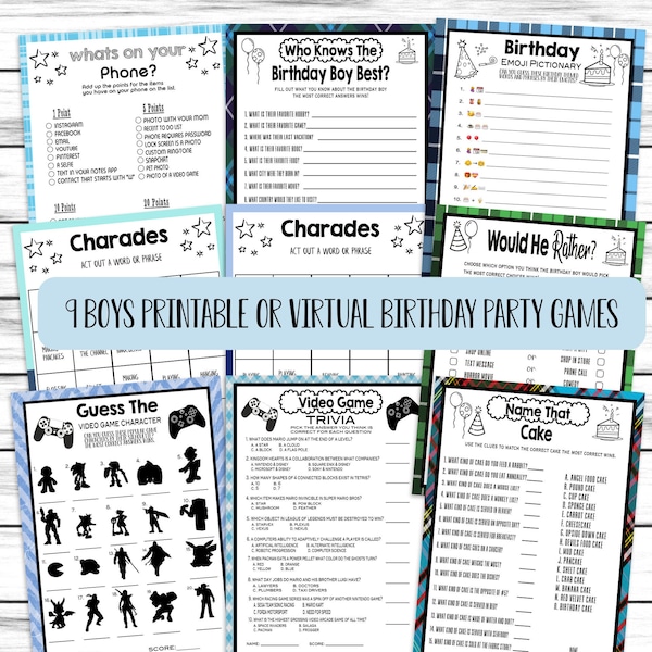 Printable Boys Birthday Party Game Bundle | Teen Birthday Quizzes | Sleep Over Party Games | Video Game Trivia, Charades, Emoji Pictionary
