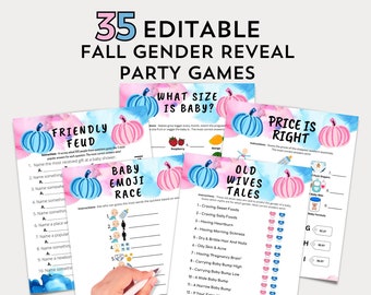 Fall Pumpkin Editable Gender Reveal Games Bundle | Gender Reveal Party Ideas | Blue Pink Gender Reveal Printable Activity Template Set