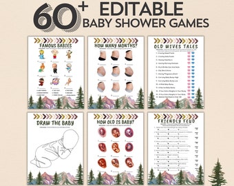 Editable Adventure Begins Baby Shower Games Bundle | Woodland Baby Sprinkle Activity Forest Pine Trees Mountain Game Gender Neutral Template