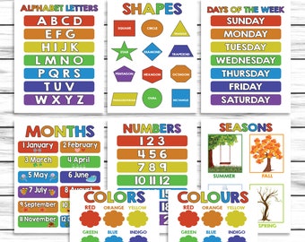 May include: A set of colorful educational posters for children. The posters feature the alphabet, numbers, shapes, days of the week, months of the year, seasons, and colors. Each poster has a different theme and is illustrated with colorful images.