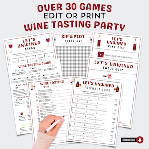 Bewerkbare wijnproeverij partygames Bingoscorekaarten en proeverijgids | Afdrukbare feestbundel met wijnthema | Ideeën voor wijnmakerijen