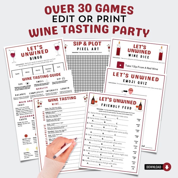 Bewerkbare wijnproeverij Feestspellen Bingoscorekaarten en proeverijgids | Afdrukbare feestbundel met wijnthema | Wijnmakerij-ideeën
