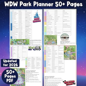 May include: A WDW Park Planner with over 50 pages, featuring detailed information for Magic Kingdom, Epcot, Animal Kingdom, and Hollywood Studios. Includes park maps, event schedules, and Lightning Lane booking order. Updated for 2026.
