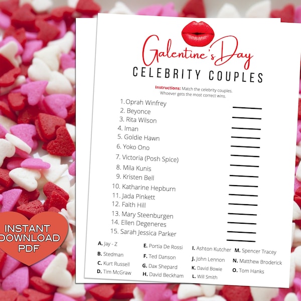 Galentines Day Famous Couples Game -Fun Party Game - Ladies Night Out - Girls Night In - Couples Trivia Quiz - Instant Download