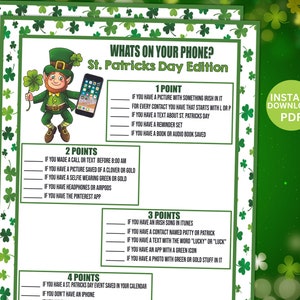 St Patricks Day Whats In Your Phone , St Patricks Day Game, St Patricks Day Party Game, St Patricks Day Printable Games, Instant Download