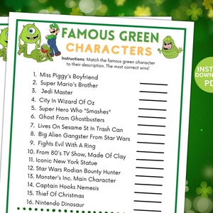 Printable St Patricks Day Green Character Trivia Matching Game | St Paddy's Party Quiz | Instant Download | Adults Kids Idea