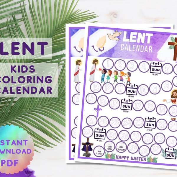 Lent Printable Kids Calendar, Childrens Coloring Lenten Calendar, Lent Coloring Activity For Kids, Colorable, Catholic Easter Calendar