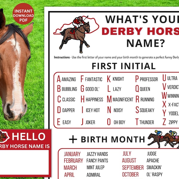 Whats Your Kentucky Derby Horse Name Game | Triple Crown Party Game | Belmont Quiz | Printable Games | Fun Adult Kids Activity Icebreaker