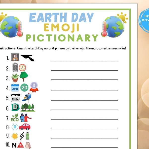 Printable Earth Day Emoji Pictionary Game | Classroom Work Church Party Quiz | Fun Earth Day Activity Idea For Adults & Kids