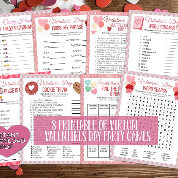 Valentine Day 8 Trivia Emoji Game Set Bundle -Classroom Office Party Game For Kids & Adults - Printable Or Virtual Instant Download Activity