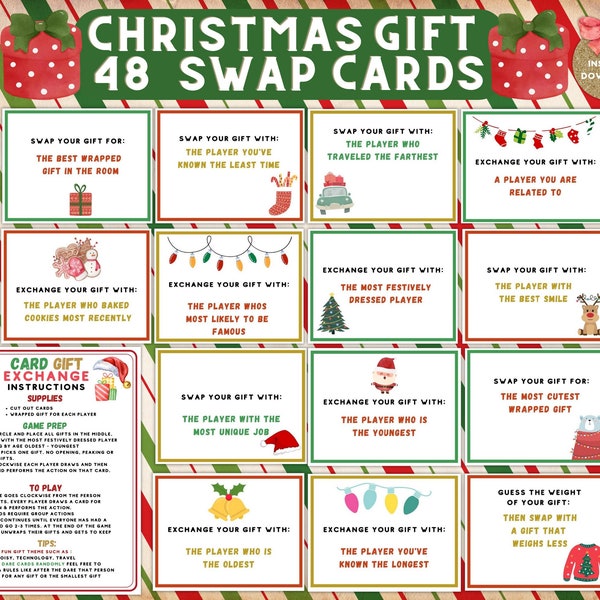 Christmas Gift Exchange Yankee Swap Cards, Printable Group Xmas Present Cards, Instant Download, Family, School, Church Holiday Activity