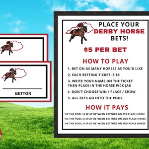 Wedbonnen en wedbord Kentucky Derby | Idee voor Triple Crown-feest | Paardenrace | Afdrukbare leuke activiteit voor kinderen en volwassenen | Derby-inzetpool