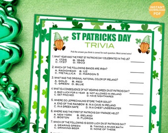 St Patricks Day Trivia, St Patricks Day Game, Trivia Game, St Patricks Day Party Game, St Patricks Day Printable Games, Instant Download