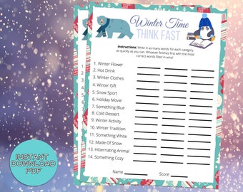 May include: A printable winter-themed game with a blue penguin and a polar bear. The game instructs players to write as many words as they can for each category, such as winter flower, hot drink, winter clothes, and winter gift.