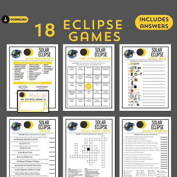 Printable Solar Eclipse Party Games With Answers | Adults Kids Classroom Homeschool Family Eclipse Party Idea Bundle | Activity Ideas 2024