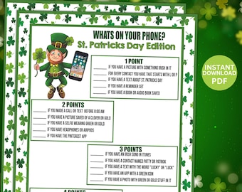 St Patricks Day Whats In Your Phone , St Patricks Day Game, St Patricks Day Party Game, St Patricks Day Printable Games, Instant Download