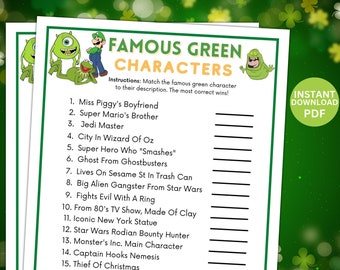 Printable St Patricks Day Green Character Trivia Matching Game | St Paddy's Party Quiz | Instant Download | Adults Kids Idea