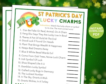 Printable St Patricks Day Lucky Charm Game | Irish Quiz | St Paddys Office Classroom Activity  Kids Adults | Saint Pattys Party Match Game