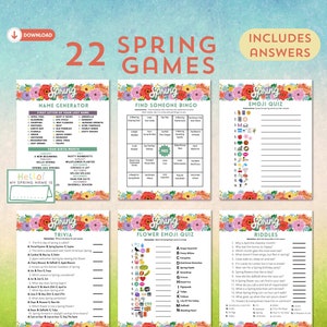 May include: A printable set of 22 spring-themed games, including a name generator, bingo, emoji quiz, trivia, flower emoji quiz, and riddles. The games are designed with a colorful floral pattern and the text "Spring Games" in a large font.
