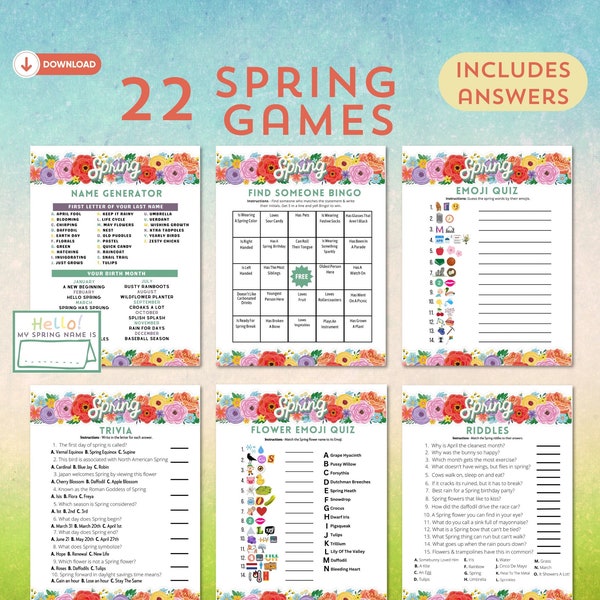 Spring Break Printable Games Mega Bundle With Answers | Flowers Emoji Trivia Kids & Adults | Group Office Classroom Or Senior Activities