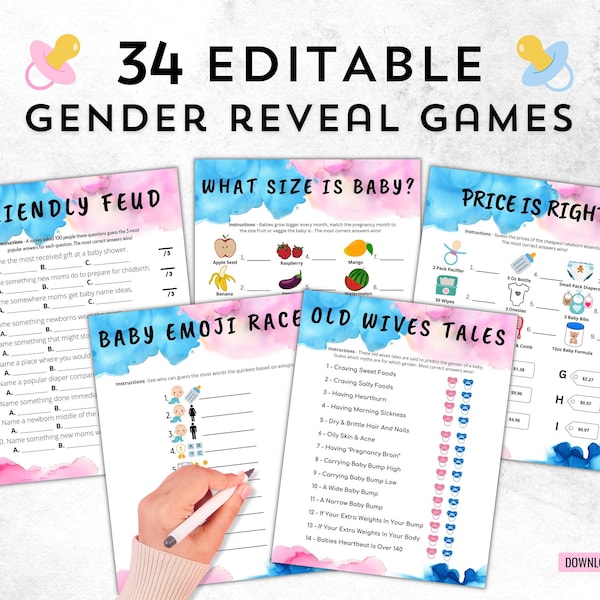 Bewerkbare Gender Reveal Games-bundel | Gender Reveal Party-ideeën | Blauw roze geslacht onthullen afdrukbare activiteit sjabloonset