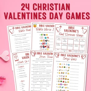 May include: A collection of printable Valentine's Day games with a Christian theme. The games include Bible Feud, Bible Verse & Emoji, Find Someone Bingo, Jesus Trivia, and Emoji Quiz. The games are designed to be fun and educational for people of all ages.