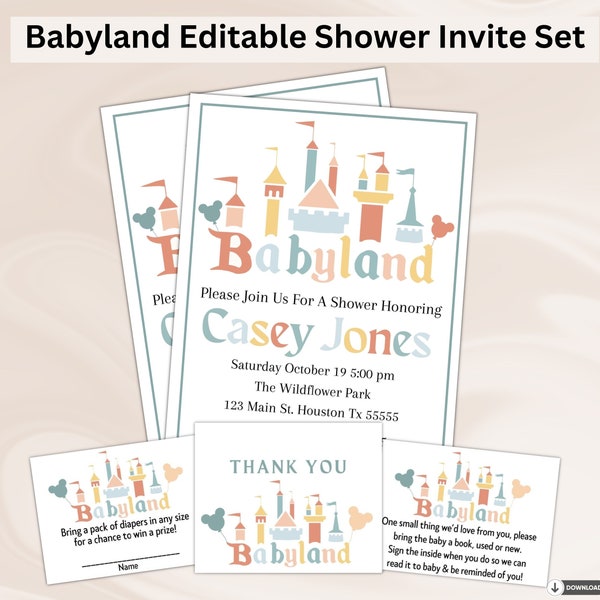 Invitation de fête de naissance de château magique de Babyland | Modèle modifiable | Tirage au sort de couches, merci, livres pour bébé, cartes de vœux, ballons Mickey