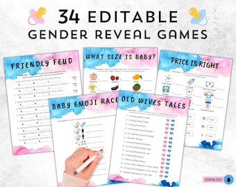 Editable Gender Reveal Games Bundle | Gender Reveal Party Ideas | Blue Pink Gender Reveal Printable Activity Template Set
