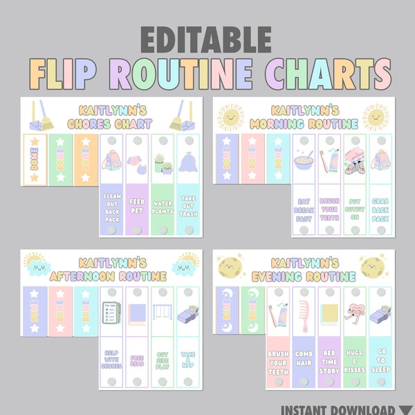 Editable Chores Morning Afternoon Evening Kids Routine Flip Charts | Printable Visual Schedule For Toddlers Girls Pastel Rainbow Planner