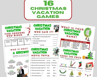 May include: A set of printable Christmas Vacation themed bingo cards. The cards feature images and text related to the film, such as Clark Griswold, the Christmas tree, and the family's Christmas dinner.