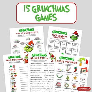 Puede incluir: Un conjunto de juegos imprimibles de Grinchmas con un personaje verde de Grinch. Los juegos incluyen "¿Quién es el más Grinch?", "Pictionary de Emoji de Grinchmas", "Trivia de Grinchmas", "Bingo de Grinchmas Encuentra a alguien que", y "Adivina el precio de Grinchmas".
