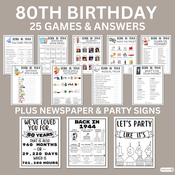 Lot de jeux à imprimer 80e anniversaire | Idée de fête né en 1944 | 80e anniversaire fête activités homme femme 1944 affiche de journal quiz quiz