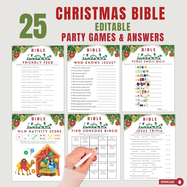 Christmas Bible Games For Church Party | Editable Holiday Nativity Games | Youth Group Games Kids Adults | Printable Christian Activities