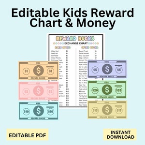 Editable Rewards Chart Play Money | Pretend Chores Cash For Moms | Printable Kids Allowance Behavior System