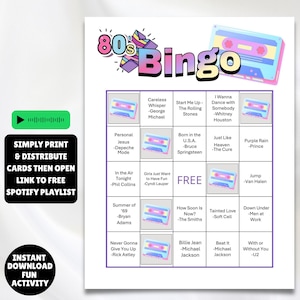 printable 1980s music party bingo cards 100 unique cards instructions and a Spotify music playlist all you have to do is print, and click on the link to set up the game, great for birthdays, 80s parties, senior centers retro parties and more 1980s greatest hits bingo!